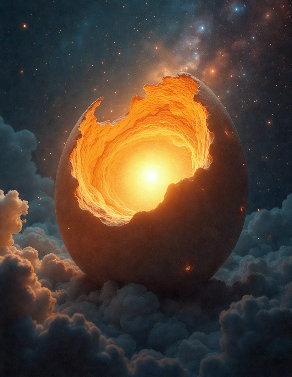 The primary subject of the image is a large, open egg with a sun inside. The egg is sitting on top of a cloud, and the sun is shining through the cracked shell, creating a warm and inviting atmosphere. The visual style of the image is a combination of photo and digital art, giving it a unique and artistic appearance. The colors and mood of the image are predominantly warm and soothing, with the sunlight and the cracked shell adding a sense of vulnerability and life to the scene.